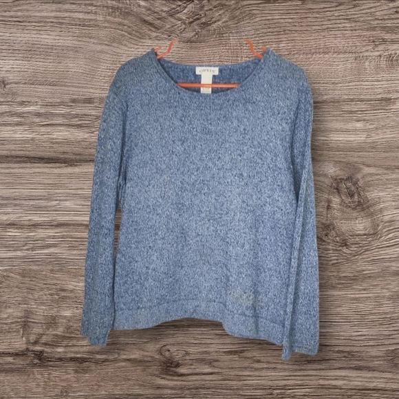 Orvis Blue Heathered Cotton Sweater Pull over Round Neck Size Large Casual Warm - Picture 1 of 5
